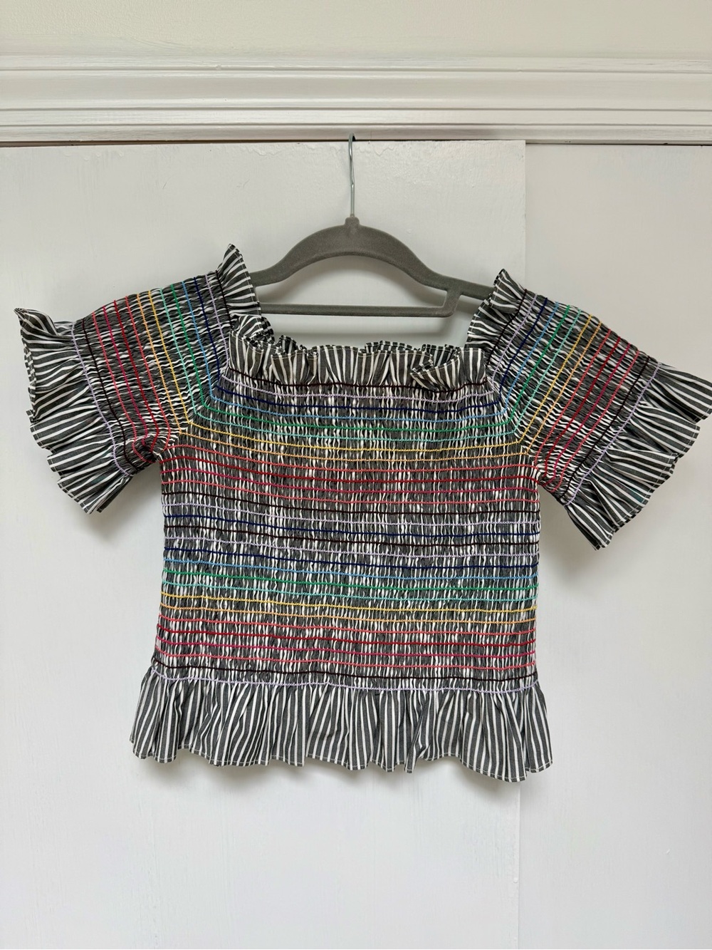 Wayf Black-and-White Striped Smocked Crop Top with Rainbow Stitching